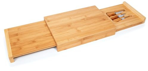 woodluv Large Cheese Board Set with 3 Cheese Tools, Charcuterie Serving Platter, Wooden Cheese Server Tray - Rectangular, 32 x 23 x 5.2cm