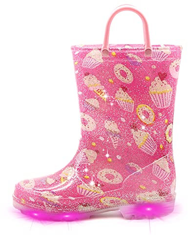 EUXTERPA Stivali di gomma per bambine e bambini, si illuminano, con glitter, con manico, per bambini, Dessert Rosa, 30 EU