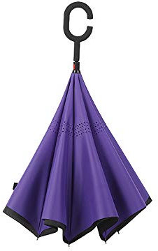 WOWGADGET Paraguas invertido con mango en C - Morado - Sombrilla de doble capa. A prueba de viento - Resistente al viento y a los rayos UV- Protege de la lluvia, la tormenta y el sol.