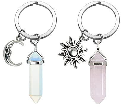 Nifocc 2 pièces lune soleil pendentif porte-clés hexagonal pierre de cristal porte-clés amitié porte-clés pour couples ami Noël Valentin anniversaire