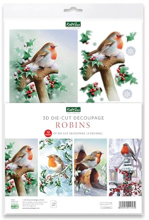 Katy Sue Robins 3D Die-Cut Decoupage Pack. 12 A4-Sized Pre-Cut Die-Cut Decoupage Paper Sheets for Christmas Card Making Supplies, Featuring 4 Different Robin Designs