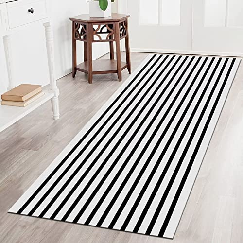 Teppich Läufer Flur Küche Schwarz Weiß Geometrisch rutschfest Waschbar, 60X200CM Korridor Teppichläufer Meterware Küchenläufer Tepiche für Wohnzimmer Schlafzimmer Kinderzimmer Esszimmer Küchenmatte