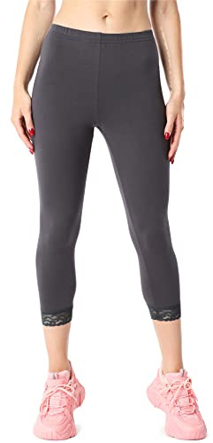 Bellivalini Damen 3/4 Capri Leggings aus Bio-Baumwolle mit Spitze für Tunika BLV50-224 (Graphit, XS)