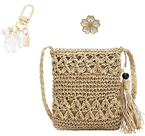 NINVVS 1 Ladies Straw Bag with 1 Shell Keychain, 1 Small Cherry Blossom Brooch; Mini Straw Crossbody Bag with Fringe Summer Beach Straw Bag for Summer Beach, Travel