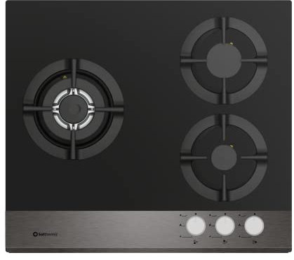 PLACA DE GAS SOLTHERMIC (BASE CRISTAL NEGRO, 2 FUEGOS + 1 WOK, VIDRIO NEGRO, PARRILLAS DE HIERRO FUNDIDO)