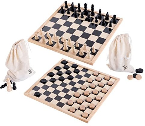 Engelhart - Basic chess and draughts set For beginners and advanced 40 cm 2 canvas bags and figures