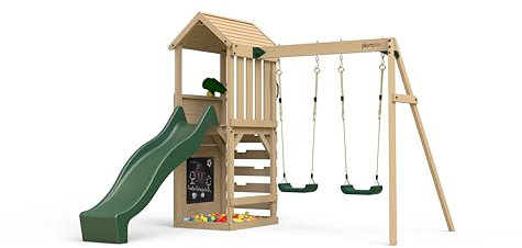 Plum Childrens Garden Lookout Tower Wooden Play Centre with 8ft Slide - Climbing Wall and Ladder - Binocular Accessory Included - Suitable for Children 3 Years Plus (Forest Green Tower and Swings)