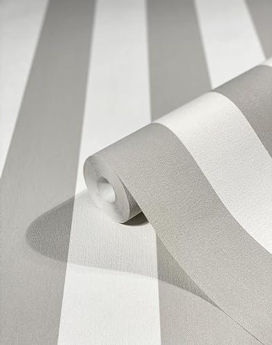 WALLCOVER Tapete Grau Silber Vliestapete Streifen Streifentapete Landhaus Weiß Linien Modern Blockstreifentapete Fein Struktur 10.05 x 0.53 m Made in Germany