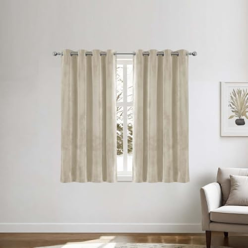 Hafaa Velvet Curtains for Living room 46x54 Beige Blackout Curtains 1 Pair | Super Soft Thermal Insulated Privacy Ring Top Curtain 2 Panels with Tiebacks