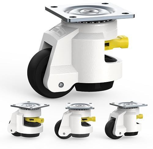 HOLKIE Leveling Castors with Ratchet Handle Design - Total Capacity 1500kg - Heavy Duty Industrial Castors Set of 4 for Workbench - 60mm Wheels with Adjustable Leveling Pads (TD80)