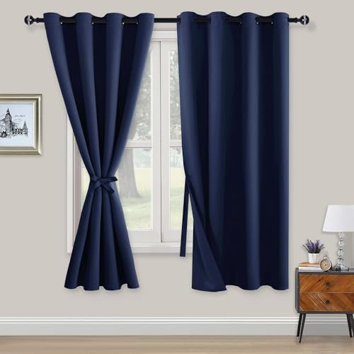 XWZO Blickdichte Vorhänge Verdunklungsvorhänge mit Ösen 2 Stücke Gardienen mit Raffhalter Lichtundurchlässige Vorhänge für Schlafzimmer,WonhzimmerBüro, 160x132 cm, Blau