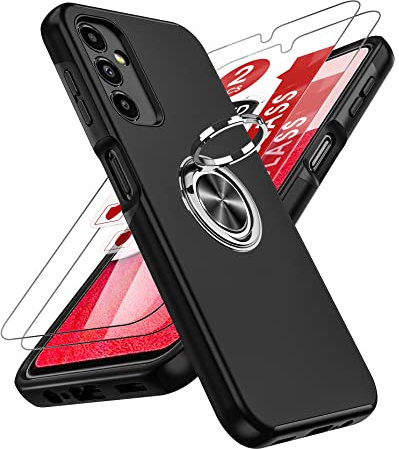LeYi Handyhülle für Samsung Galaxy A14 5G/4G Hülle mit 2 Schutzfolie, TPU+PC Militärschutz Hybrid Schutzhülle mit 360 Grad Drehbar Metall Ring Ständer Stoßfest Anti-Kratzer A 14 Case Cover Schwarz