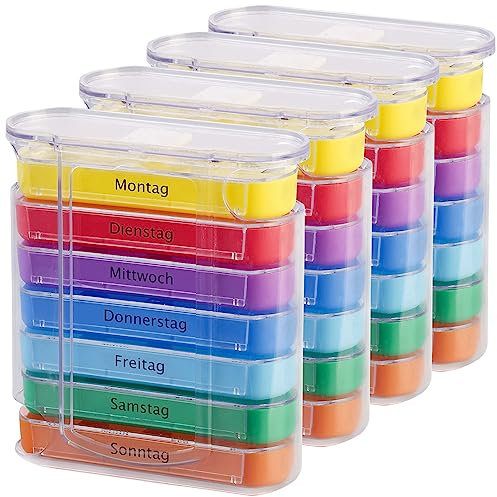 newgen medicals Medikamentenbox: 4er-Set bunte Medikamenten-Boxen für 7 Tage, je 4 Fächer, beschriftet (Medikamenten Organizer, Medikamentenbox 7 Tage, Halter)