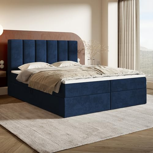 MOTIVENA Santiago Boxspringbett 160x200 Blau Samt, mit Taschenfederkern-Matratze (H3), mit T28 Komfortschaumstoff Topper (H3), Boxspringbett 160x200 mit Bettkasten Blau (Dunkelblau)