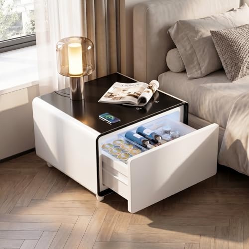 LIVTAB - Smart Side Table, Nightstand with Built-in Fridge, 27.7 D x 26.3 W x 18.1 H, Mini Coffee Table with 15 Wireless Charging