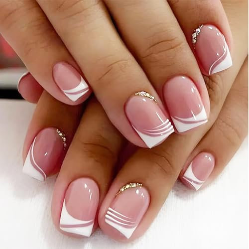 Irikdescia 24 Stück Nägel zum Aufdrücken, Kurze Quadratische Künstliche Acrylnägel mit Vollständiger Abdeckung mit Gelee-Klebestift, für Frauen (Unregelmäßiger Rosa Weißer Rand)