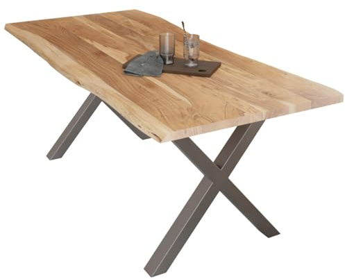 Liadomo Esstisch 160x85 Diala Natur, X-Gestell Silber | Baumkante, Akazie Massivholz Tisch, 35 mm Tischplatte lackiert, Metallgestell, Robust & Pflegeleicht, bis zu 6 Personen