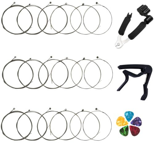 E-Gitarrensaiten Edelstahlkern vernickelt Kugelende Nickel-Legierung umsponnen 3 komplette Sätze und 3 in 1 Gitarreneinstellwerkzeug Gitarrenkapodaster Gitarrenplektren