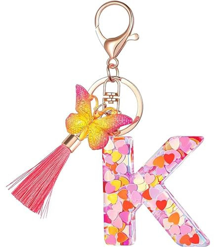 Schlüsselanhänger für Damen Mädchen Schlüsselringe Anfänglicher Schlüsselbänder Schlüsselbundbuchstabe mit Quaste Schmetterling Pailletten für Handtaschen Handytaschen Rucksack Anhänger Charm K