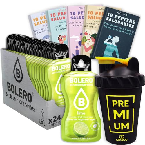 24 x Bebida Bolero LIMA Hidratante Sin Azucar (24x9 grs) + 50 Pepitas Saludables para una vida más sana by Cia&Co + 1 Botella mezcladora shaker exclusiva Cia&Co (500 ml)