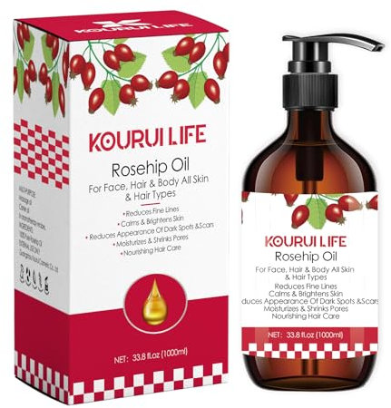 KOURUILIFE Olio di rosa canina, 1000 ml, 100% puro naturale, spremuto a freddo, non raffinato, vegano – Natural Moisturiser Premium per viso, corpo, capelli, pelle, unghie