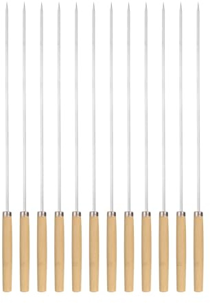 QUARKZMAN 12Pz Spiedini Acciaio 35cmx3.5mmx1mm Spiedo per Barbecue Metallo Piatti con Manico Legno Acciaio Inox Riutilizzabili Grigliate Arrosticini Aperto per Carne Frutta Verdura
