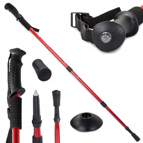 Bastones de Trekking con Sistema Antichoque - Marcha Nórdica y Senderismo | Aluminio Ligero y Resistente | Bastones Nordic Walking - Multisuperficie y Extensible - Juego de 1 par 135 cm (Rojo)