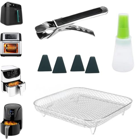Kit Rejilla para Freidora de Aire Cuadrada + Elevadores Silicona + Pinzas + Dosificador Aceite - Accesorios Freidora de Aire - Rejilla Air Fryer - Recipiente Freidora Aire - Rejilla Freidora de Aire