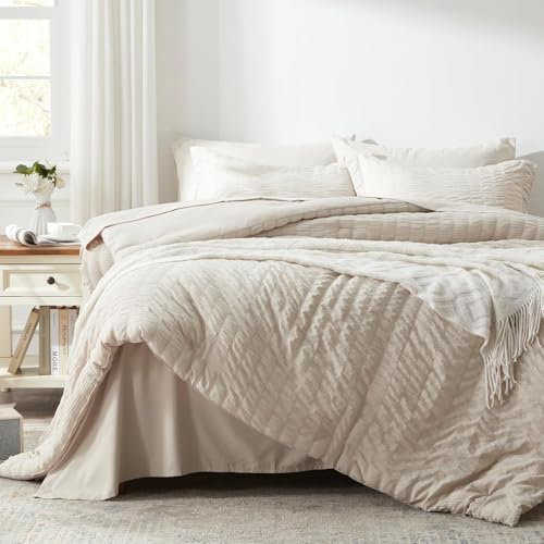 Tospass Housse de Couette Seersucker 220x240cm Beige Gaufré Rayé Elegant Parure de Lit 2 Personne Adulte avec Fermeture Éclair Linge de lit en Microfibre Rayures avec 2 Taies d'oreiller 65x65cm