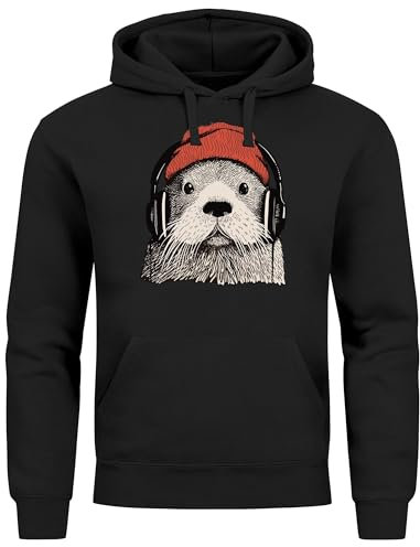 Neverless® Hoodie Herren Otter Print Comic Illustration Kunstdruck Kapuzen-Pullover Männer Fashion Streetstyle schwarz 5XL