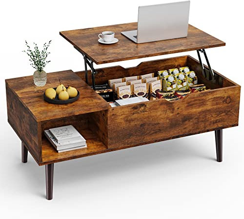 Sweetcrispy Mesa Auxiliar, mesas auxiliares elevables para Sala de Estar, mesas centrales de Comedor pequeñas de Madera con Estante de Almacenamiento y Compartimento Oculto, Color marrón