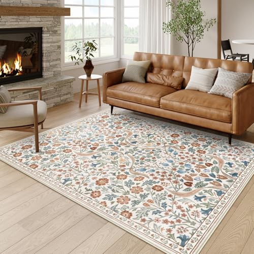 Moynesa Teppich mit Blumenmuster, maschinenwaschbar, für Schlafzimmer, rutschfeste Boho-Teppiche für Wohnzimmer, großes Blumenmotiv, schmutzabweisend, Bodenteppich für Esszimmer, Heimbüro, 1,5 x 2,1 m