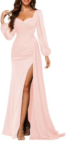 Robe de demoiselle d'honneur plissée à manches lanternes et col en V pour femme, rose, 34