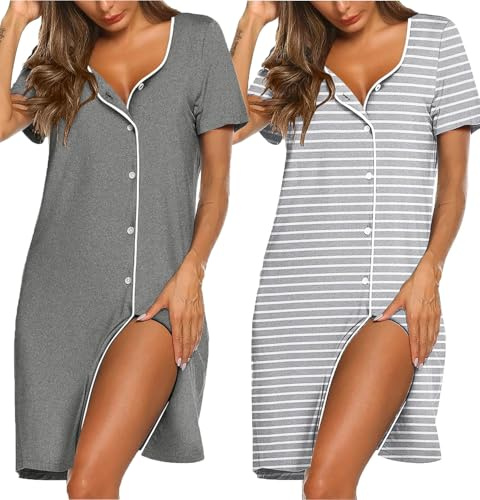 Ekouaer 2 Pack Nightdress for Women Button Down S-XXL | v neck, short sleeves, trim detail, knee-length, sexy casual, light and comfortable