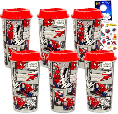 Marvel Spiderman Travel Cup Party Favor Set - Bundle with 6 Spiderman Tumblers with Lids Plus Stickers and More | Spiderman Travel Mugs for Boys, Teens, Adults