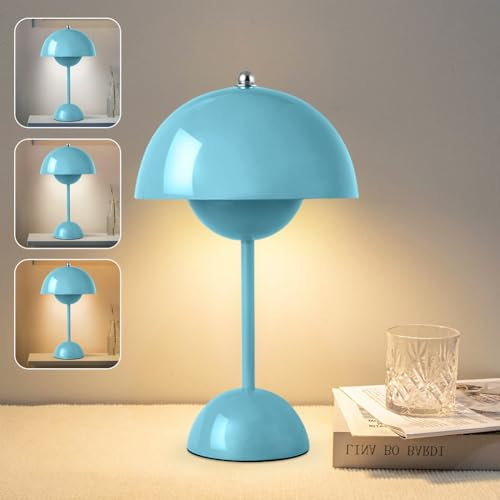DASIAUTOEM Pilzlampen Tischlampe, LED Akku Tischlampe Kabellos, 3000k-6000k Moderne Aufladbar Touch Dimmbar Nachttischlampe mit 3 Helligkeitsmodi, Pilz Lampe für Schlafzimmer Wohnzimmer (Blau)