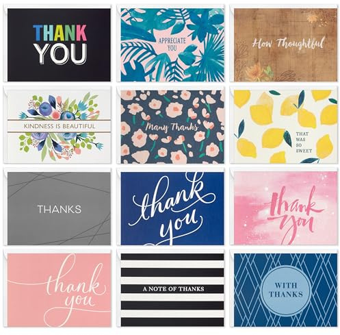 Hallmark Thank You Cards, 48-Pack, 12 Designs | Size 9.5cm x 13.2cm, Contemporary Style, White Envelopes, Blank Inside for Your Own Personal Message