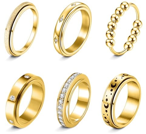 LOFITOR 6 Stück Angst Anti-Stress Ringe Fidget Anxiety ADHS Ring Set | Drehbare Spinner Anti Angst Swivel Ringe Aus Edelstahl Für Damen Und Herren Mit Zirkonia, Mond Und Stern