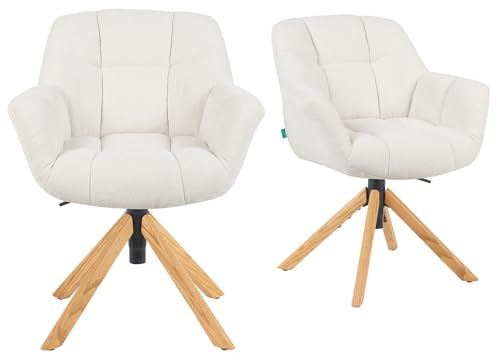DUBI Möbel 2er Set Esszimmerstühle höhenverstellbar, Bürostühle & Konferenzstühle, 360° drehbar mit Taschenfederkern, ergonomisch gepolstert, Eichegestell, Stoff Creme, Modell Mika-Iven