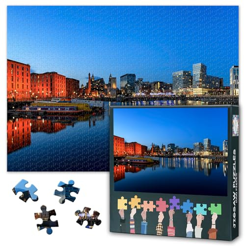 Liverpool Merseyside Night Skyline Jigsaw Puzzle 1000 Pieces for Adults UK Cityscape Landscape Puzzle Capital City Wall Art Home Decor Bedroom Bathroom Challenge 27.5x19.7 Inch