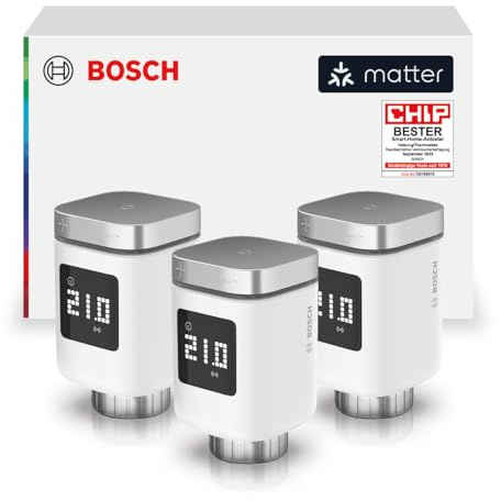Bosch Smart Home Termostato per radiatore II [+M], termostato intelligente, uso flessibile nel sistema Bosch Smart Home o in sistemi Matter di diversi produttori, set da 3 pezzi