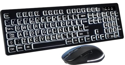 DHKBL Large Print Backlit Wireless Computer Keyboard and Mouse Set – 2.4G Rechargeable Keyboard and Mouse with White Illuminated LED, Full Size with Adjustable Feet for Windows PC, Laptop (QWERTY)