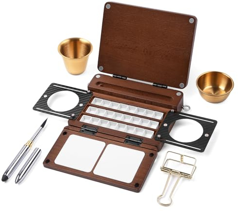 Fuumuui All-in-One Walnut Wood Palette Tray Kit, 24-Grid Empty Travel Watercolor Palette Box, Mini Portable Sketchbox for Plein Air Painting with Three Ends Travel Brush and Watercolor Cup