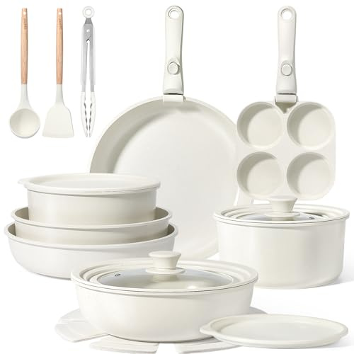 GiPP Set de sartenes de granito, juego de 21 piezas, juego de ollas de cocina antiadherentes con mango extraíble, apto para todo tipo de cocinas, apto para lavavajillas y horno (blanco, 21 PIEZAS PLUS