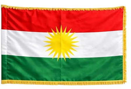 Generisch Kurdistan Flagge mit Messing-Ösen 150x90cm Wetterfeste Kurdische Fahne für Fahnenmast Extra Groß Breit Lang Kurdistan Flagge Goldener Sonne & Fransen Symbol für Freiheit Kurdische Flag ge