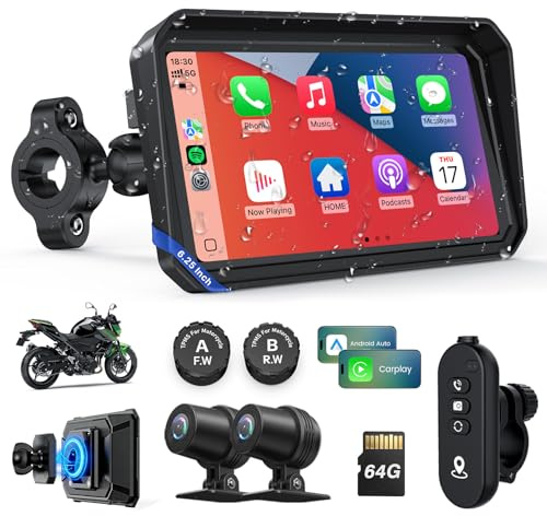 Pantalla Motorcycle CarPlay con Android Auto–6.25” GPS Impermeable para Moto Apple CarPlay Sistema de Navegación Motocicleta,Cámara de Salpicadero Dual 2K Audio Bluetooth y TPMS con Soporte Magnético