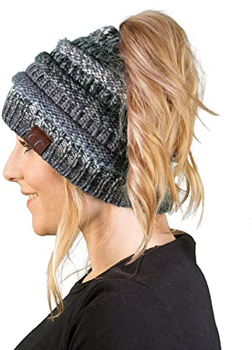 Funky Junque Damen Beanie Pferdeschwanz Messy Bun BeanieTail Solid Ribbed Hat Cap, A Galaxy Mix - Smoke Grey, Einheitsgröße