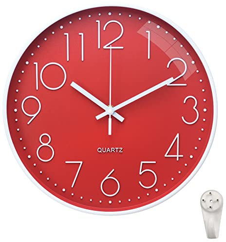 October Elf 12 Inch Wall Clock Non-ticking Silent Round Modern Decorative Wall Clocks with Large Arabic Number for Bedrooms Office Kitchen Gym Living Room Kitchen(Red E)