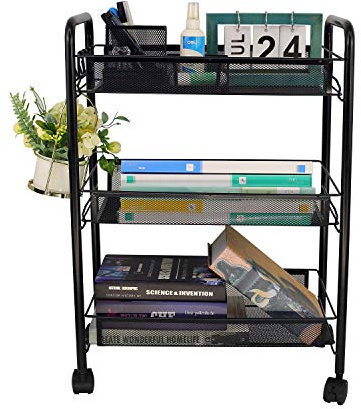 OVICAR Kitchen Trolley:Rolling Utility Cart Basket Stand for Kitchen & Bathroom, Full Metal Storage Art Trolley Carts with Wheels & 4 Side Hooks (3 Tier, Black)