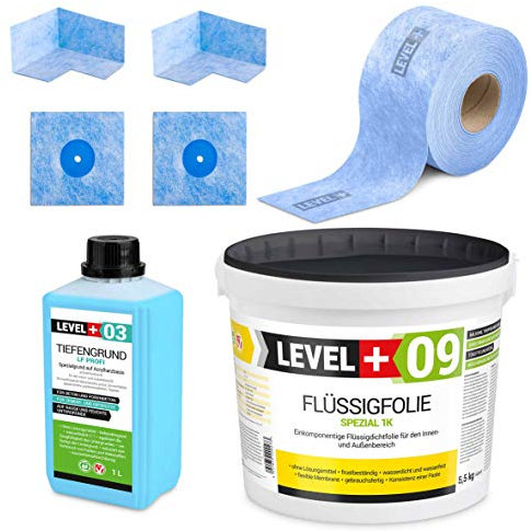 SET62 Kit d'étanchéité 5,5 kg de film liquide, fond de profondeur 1 l, bande d'étanchéité de 5 m, 2 coins intérieurs, 2 manchettes murales, joint de salle de bain, balcon, terrasse
